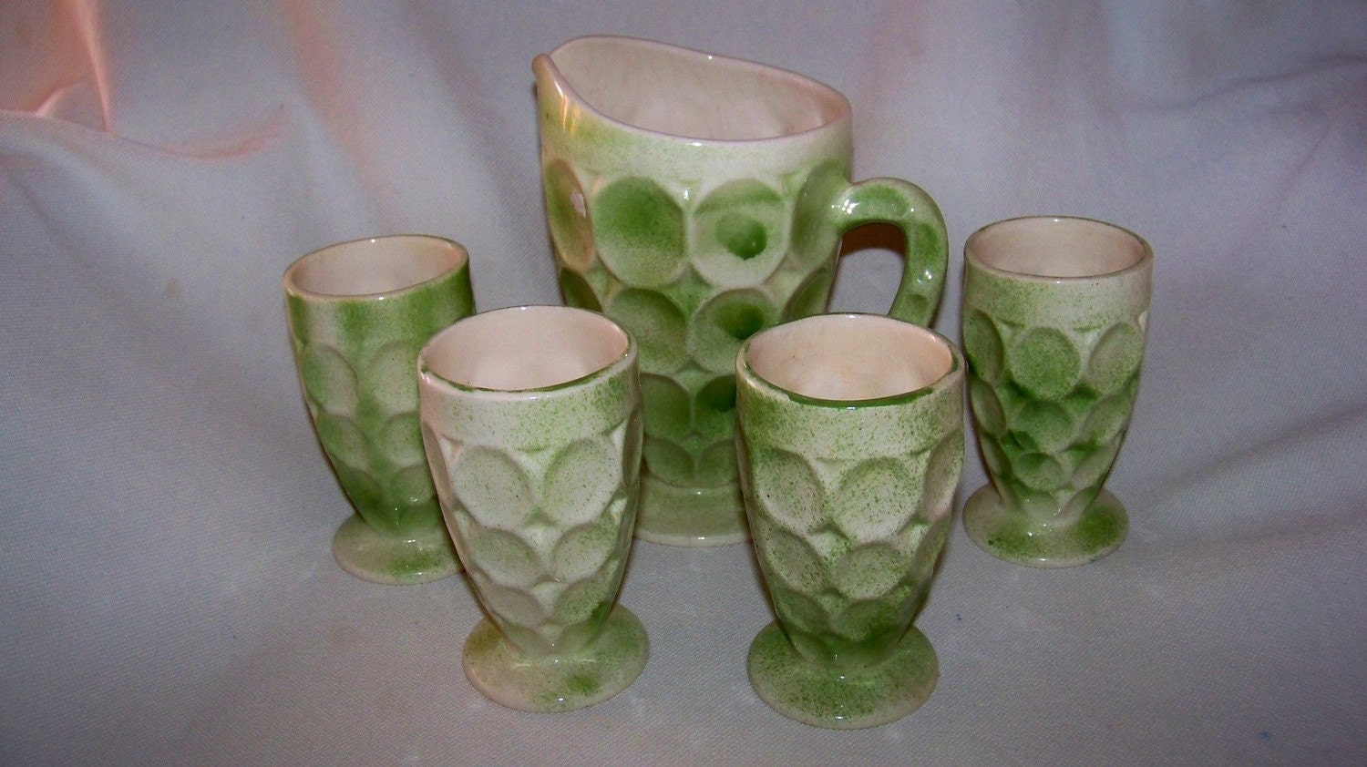 Vintage Set of Pottery Pitcher and 4 Matching Glasses -Thumbprint Design- Unique