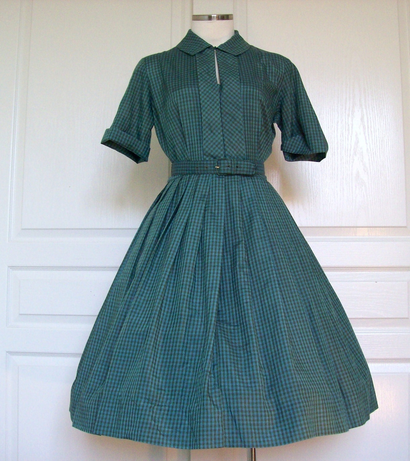 1950s polished cotton teal gingham shirtwaist dress