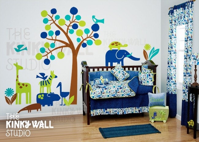Kids Wall Decal Wall Sticker tree decal - The Land of Animals Modern Zoo Nursery Decal - KK124