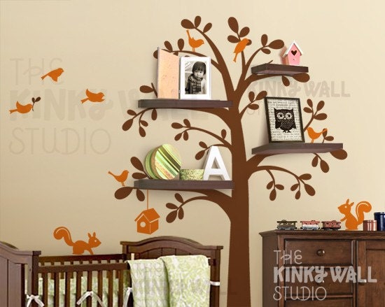 Shelving Tree with Birds & Squirrels - vinyl wall sticker wall decal - KK125 - Children Baby Kid nursery Boy Girl