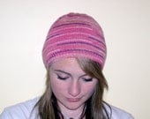 Pink multi colored beanie hand knitted in sock yarn