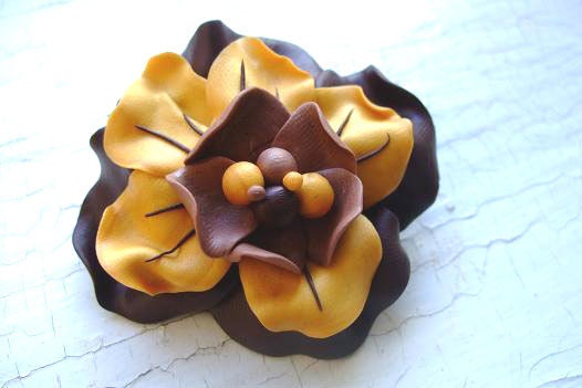 Yellow And Brown Flower Brooch Polymer Clay - bloomyjewelry