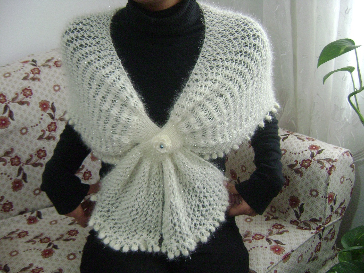 SALE,SALE,SALE.Cream Crochet Wedding Shawl-Handmade Cream  Chic Romantic Shimmery Capelet