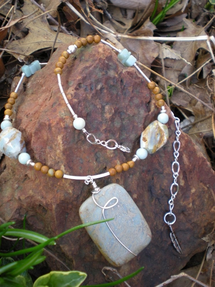Spirit In The Sky beaded necklace, one of a kind, aqua terra jasper and sterling silver