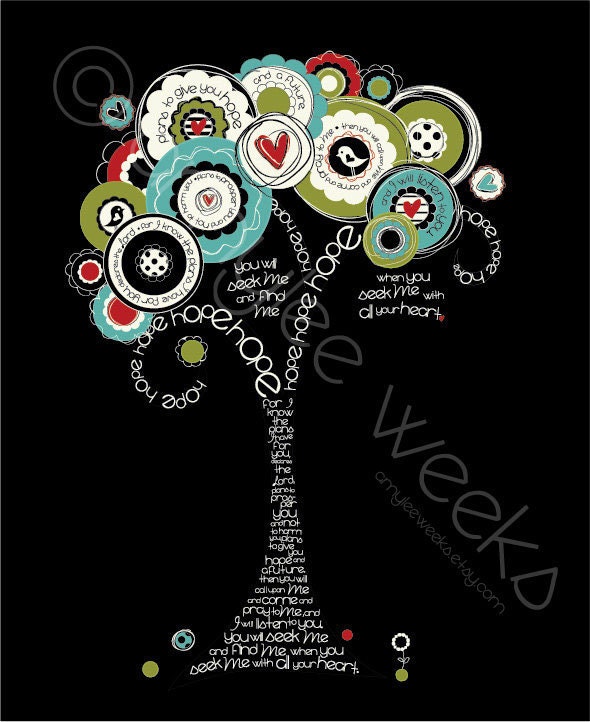 Scripture Art, Jeremiah 29:11 HOPE Bible verse tree, Christian art print (size- 8x10)