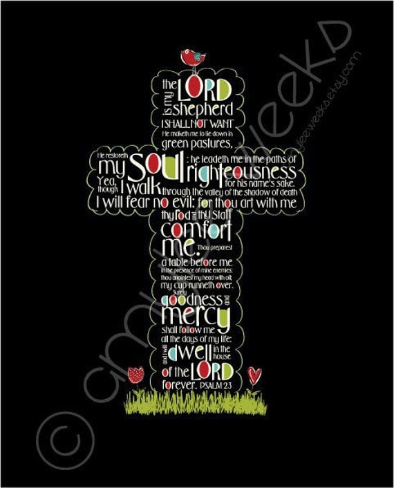 Scripture Art, Psalm 23 cross - Christian art (5x7)
