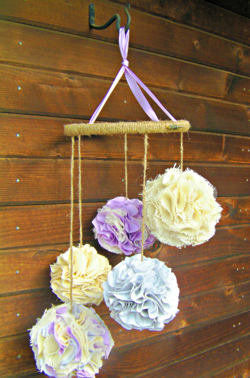 Burlap and Lace Fabric Pom Mobile, Lavender, cream, and gray , Nursery Mobile, Baby Crib Mobile