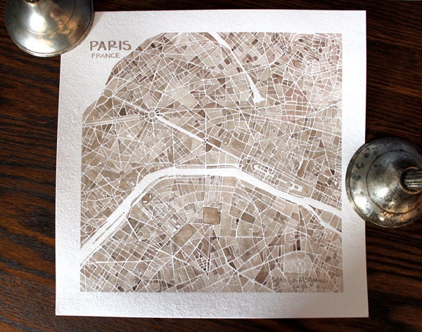 Paris France watercolor city map 10x10 ready to frame