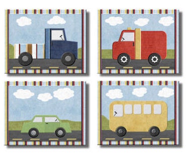 Oscar Transportation Nursery Bedding art set of four paper prints for baby boy kids room
