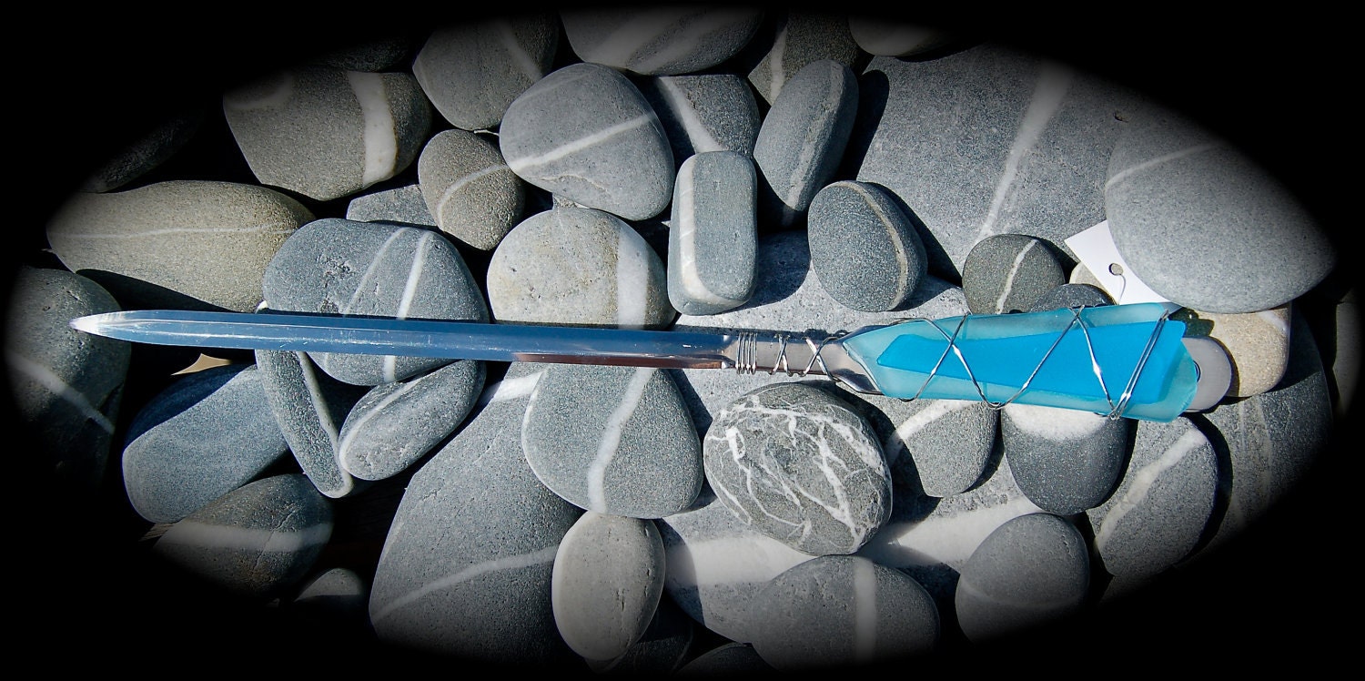 Sea Glass Letter Opener made with Recycled Bottle "Tumbled Island Glass"  in Turquoise. Stainless Steel.
