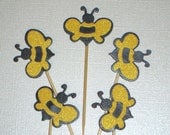 12 Black and Yellow Bumble Bee Cupcake Toppers