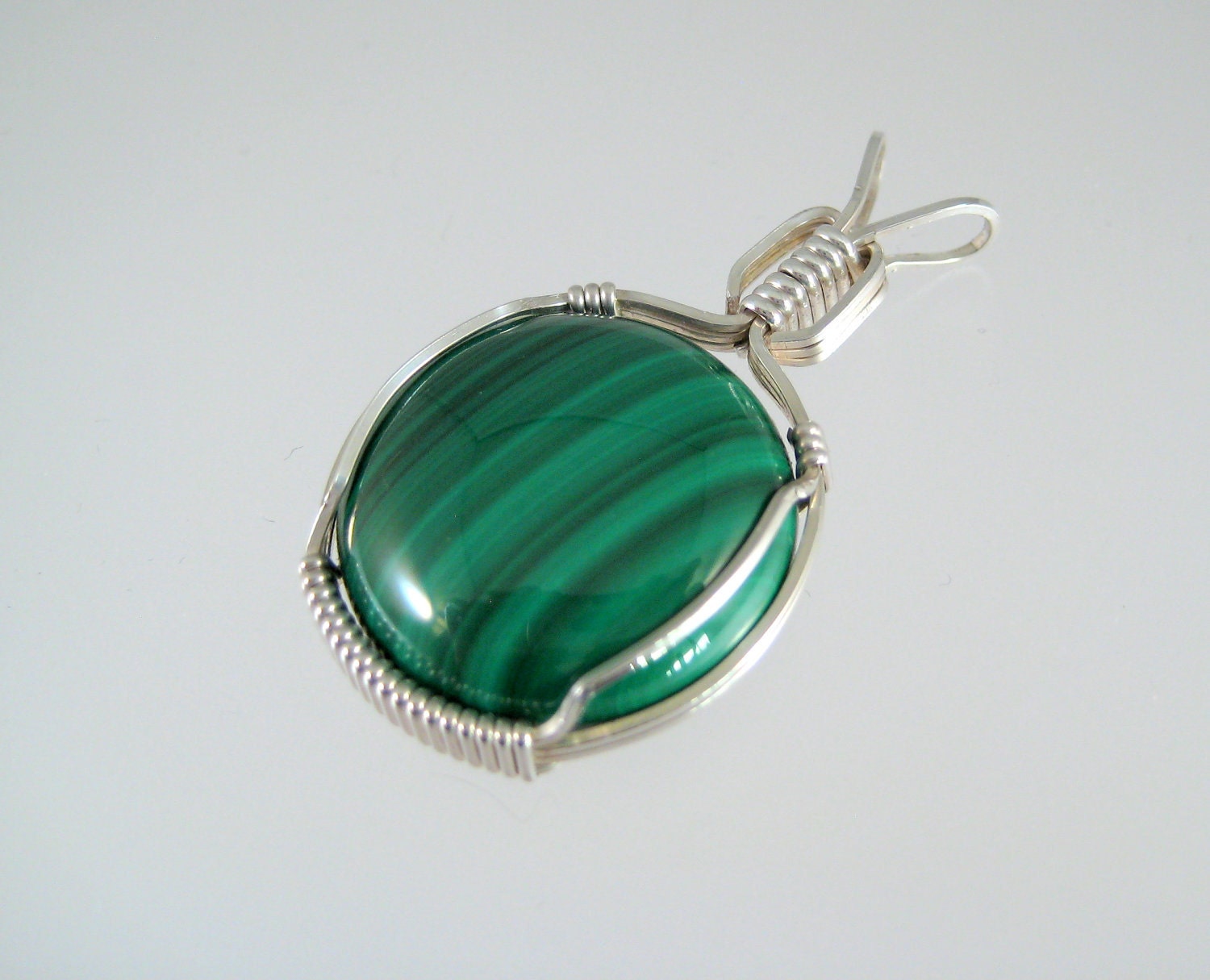 Malachite and Argentium Silver Wire Wrapped Pendant with Chain