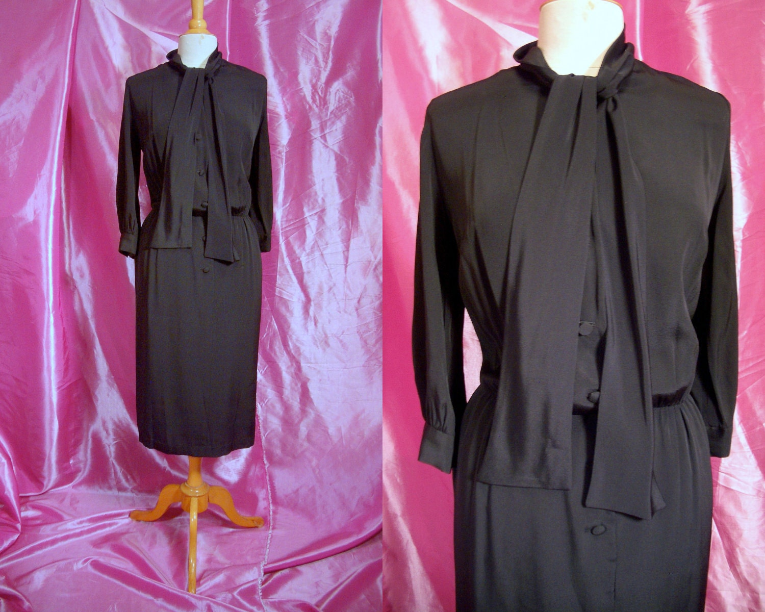 Vintage 1940s Rayon Dress - Classic Black Bette Davis Pussycat Bow Lined Dress - Gano Downs - For Size Tall Large - XL Chic Chicks