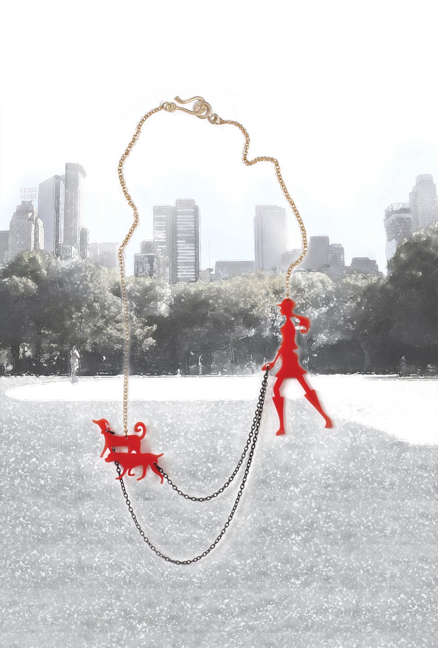 Red dog walker necklace - A walk in the park - Laser cut acrylic (plexiglass) jewelry