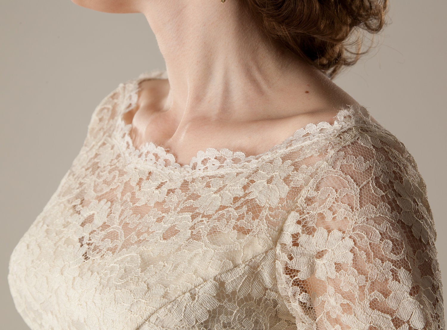 RESERVED Vintage 1950s Lace Wedding Dress Cream Sleeves Lorrie Deb Union Made Bridal Fashions