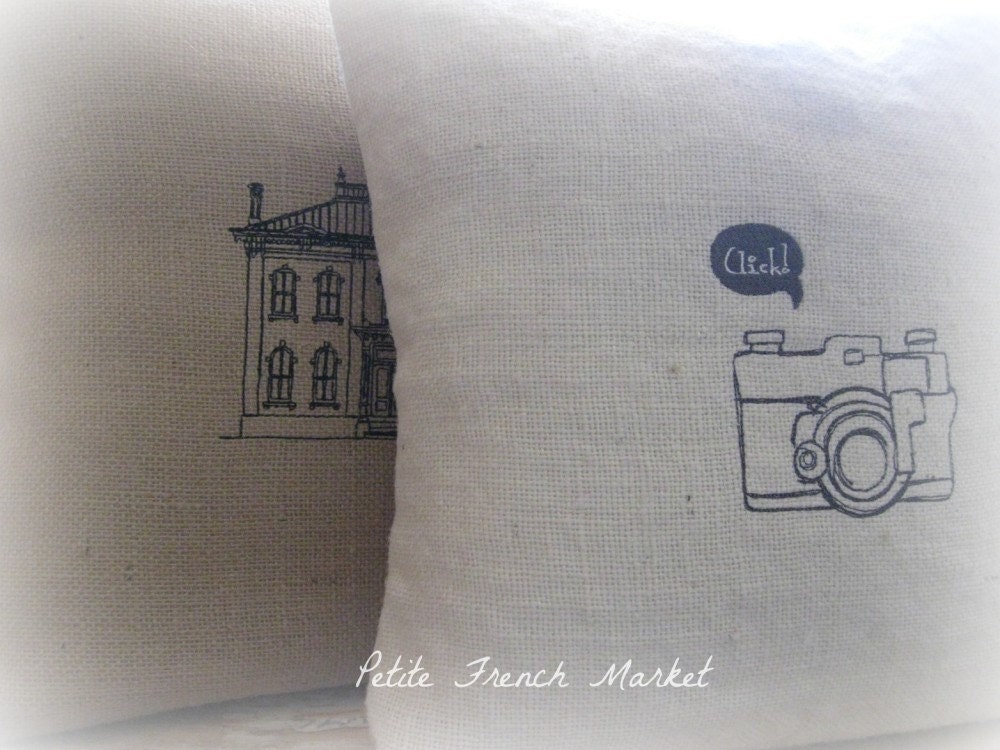 Shutterbug- Embroidered Burlap Pillow Cover