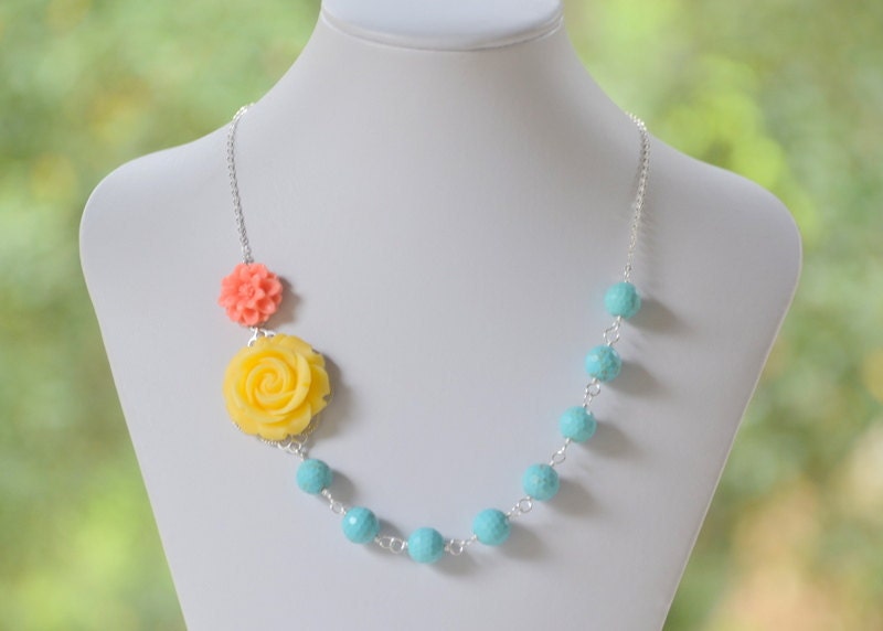 Yellow Rose and Coral Daisy Flower in Turquoise Chunky Asymmetrical Statement Necklace - Bright Statement Necklace