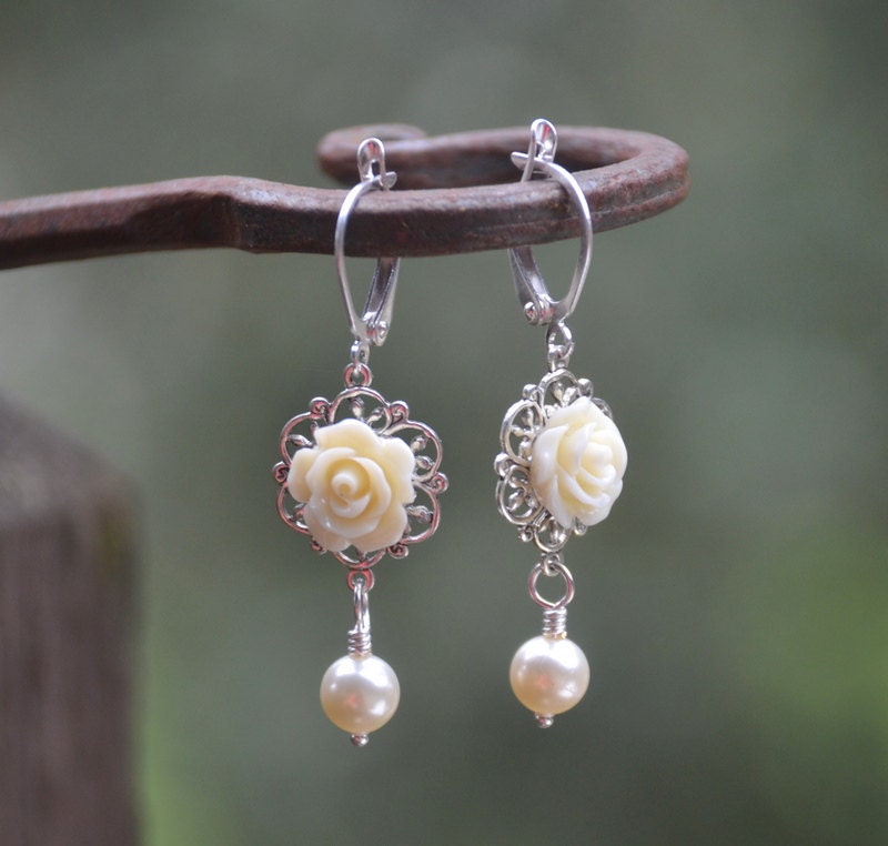 Romantic Ivory Rose and Ivory Swarovski Pearl Earrings Jewelry Gift for Her.  Free Shipping.