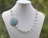 Powder Blue Carnation and Milky White Jade Beaded Asymmetrical Necklace in Antique Brass Jewelry Gift for Her.  Free Shipping.