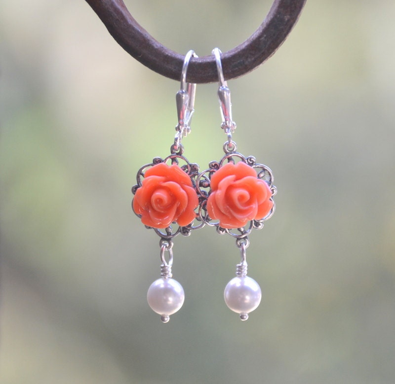 Coral Rose and White Swarovski Pearl Dangle Earrings.  Bridesmaid Earrings. Bridal Jewelry. Coral Jewelry. Flower Earrings. GIFT FOR HER