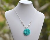 Bridesmaid Necklace.  Turquoise Mum Flower and White Swarovski Pearl Necklace.  Bridal Party Statement Necklace.