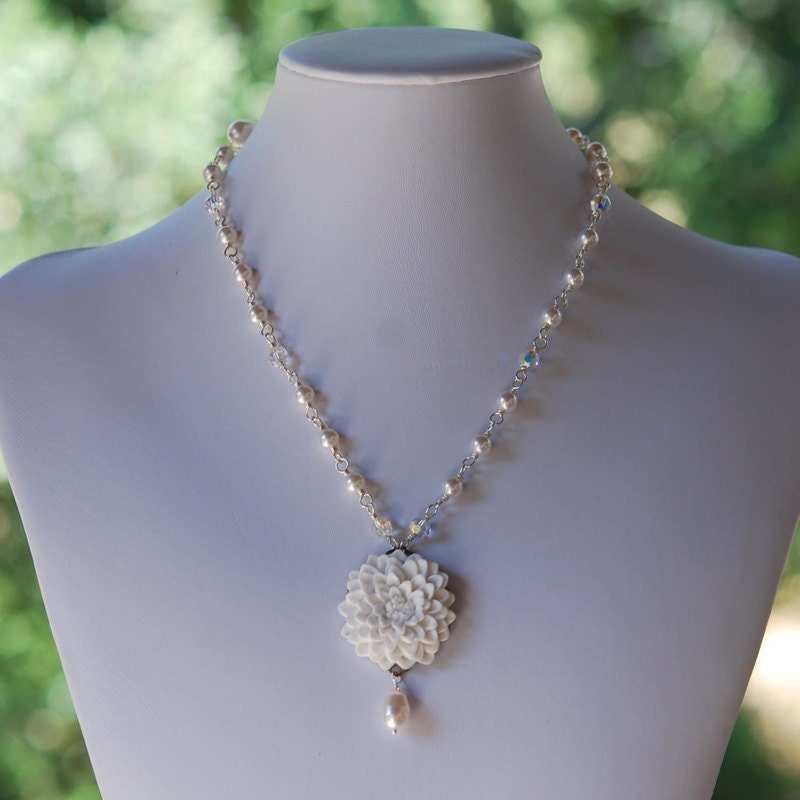 Made to Order - Bride's White Flower and White Swarovski Pearl Beaded Necklace Jewelry Gift for Her.  Free Shipping.