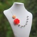 Bridesmaids Jewelry. Coral Rose and Peach Rose Asymmetrical Necklace with Large Grey Swarovski Pearls. Bridesmaid Gifts Jewelry Set.
