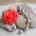 Bridesmaids Jewelry. Coral Rose and Peach Rose Asymmetrical Necklace with Large Grey Swarovski Pearls. Bridesmaid Gifts Jewelry Set.
