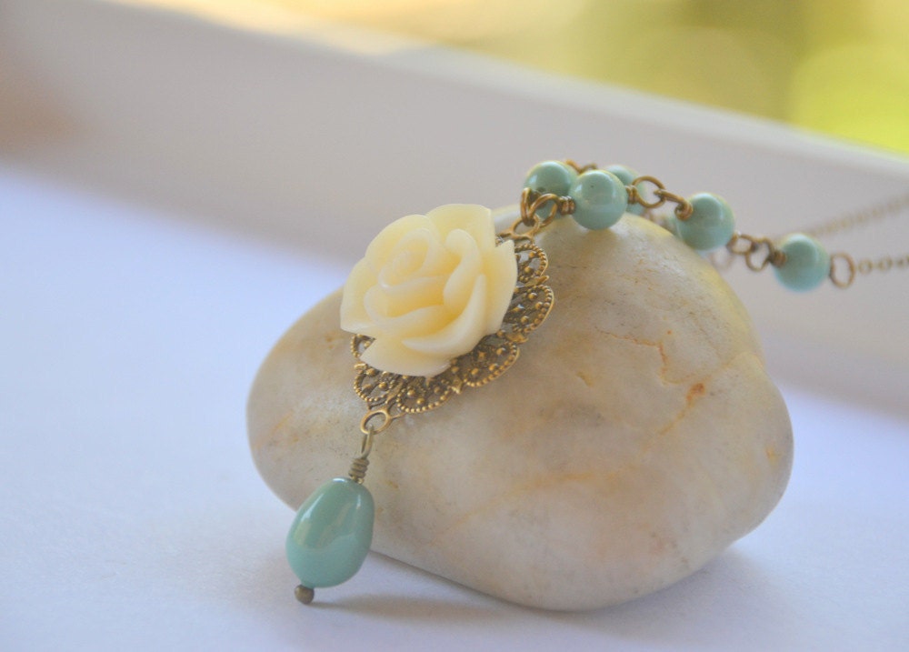 Vintage Style Ivory Rose and Grayed Jade Green Swarovski Pearl Teardrop Necklace.  Ivory Rose and Turquoise Green Pearl Necklace.