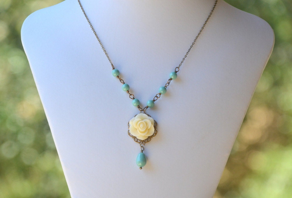 Vintage Style Ivory Rose and Grayed Jade Green Swarovski Pearl Teardrop Necklace.  Ivory Rose and Turquoise Green Pearl Necklace.