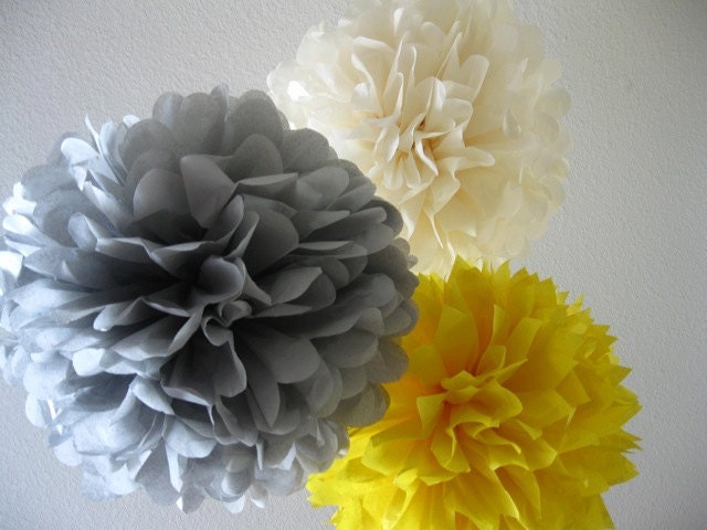 10 Tissue Paper Pom Poms -Large and Medium - SALE - Yellow and Gray Decoration - Birthday - Shower - Wedding - Reception - Baptism