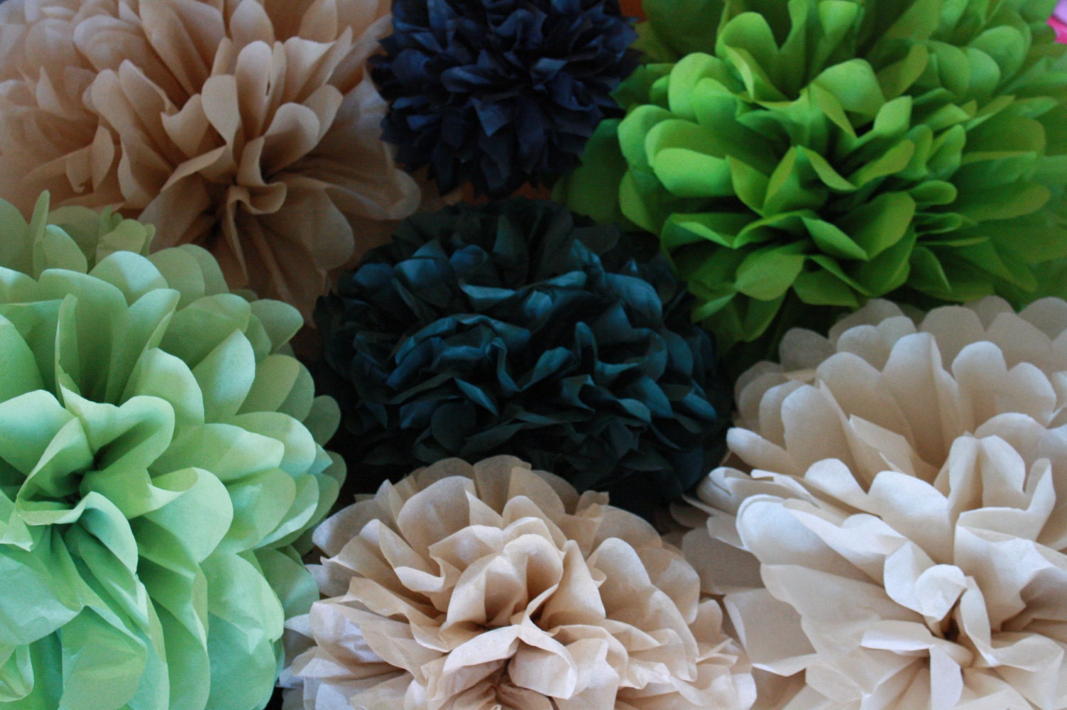 10 Tissue Paper Pom Poms - Your Color Choice- SALE - Green Woodland Decorations