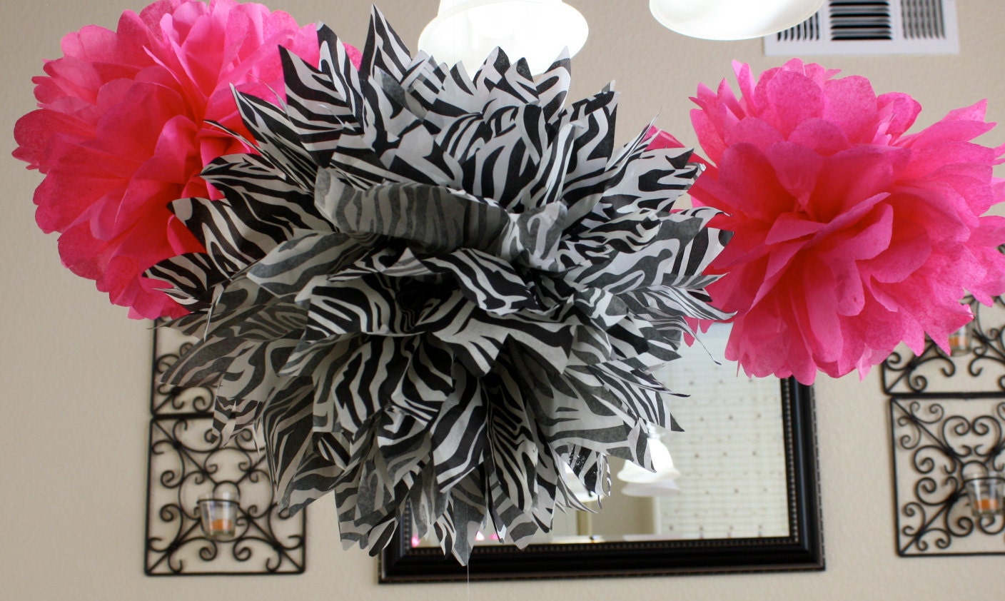 Zebra and Hot Pink Paper Pom Poms -Set of 3- Your Color Choice - Birthday Party - Bachelorette decorations - Shower Decor - Kids room