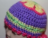 African Flower Cap, Baby Hat, Crochet Baby Hat, Baby Girl, African Flower Hat, Purple,  Scalloped Trim, 0 to 3 months, READY TO SHIP