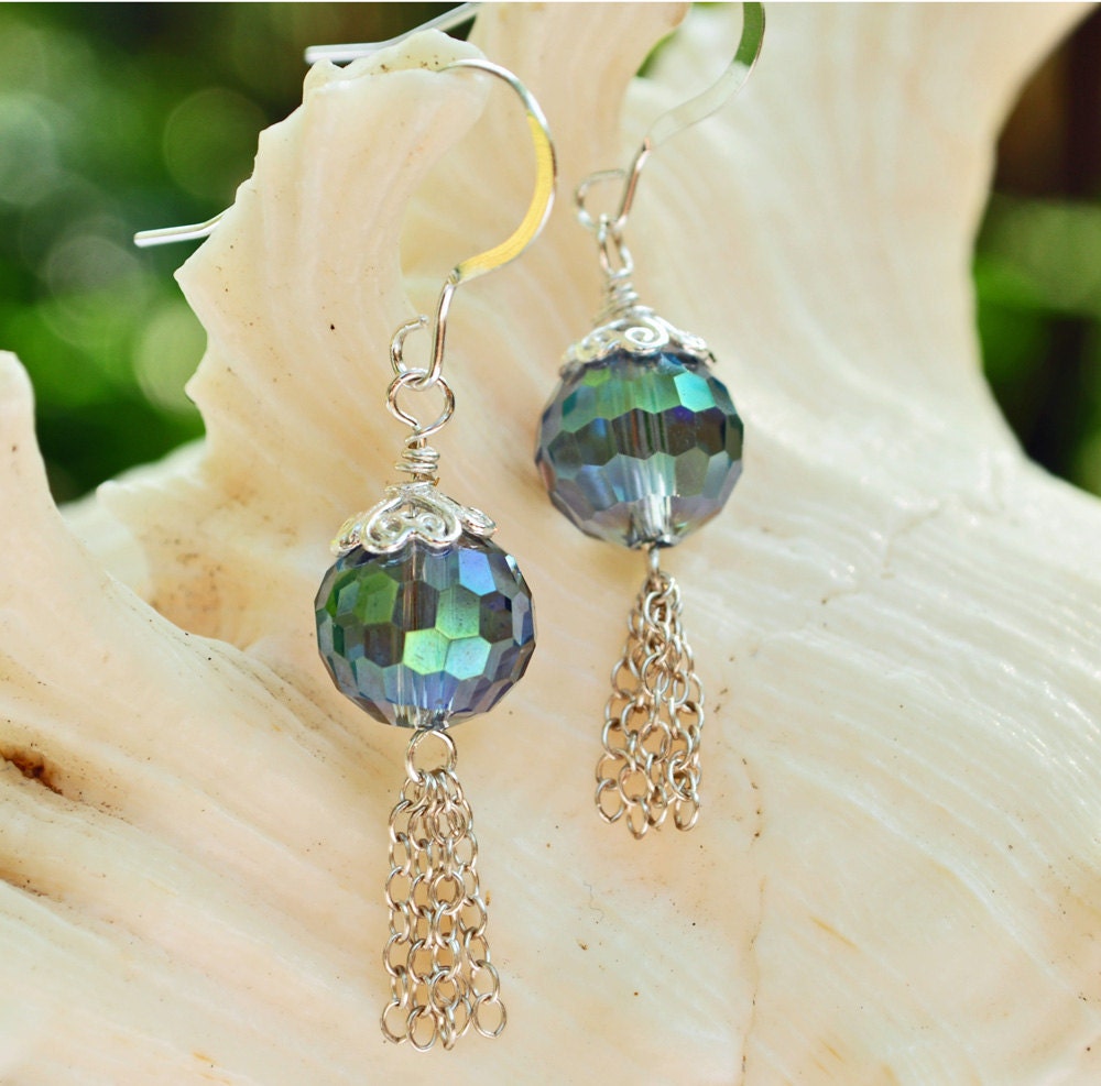 Green Blue Grey Mirror Ball Bead & Chain Dangle Earrings