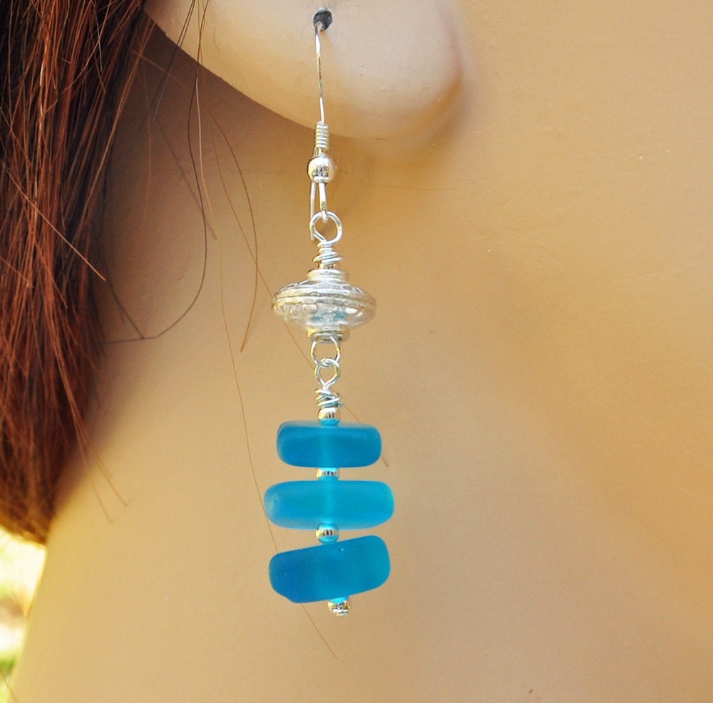 Aqua Sea Glass & Thai Silver Earrings
