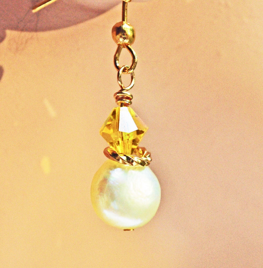 Yellow Pearl Crystal Gold Earrings