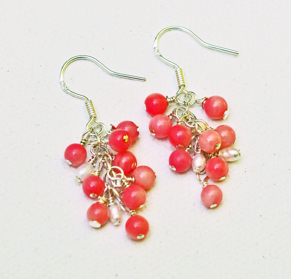 Pink Coral and Seed Pearl Dainty Dangle Earrings