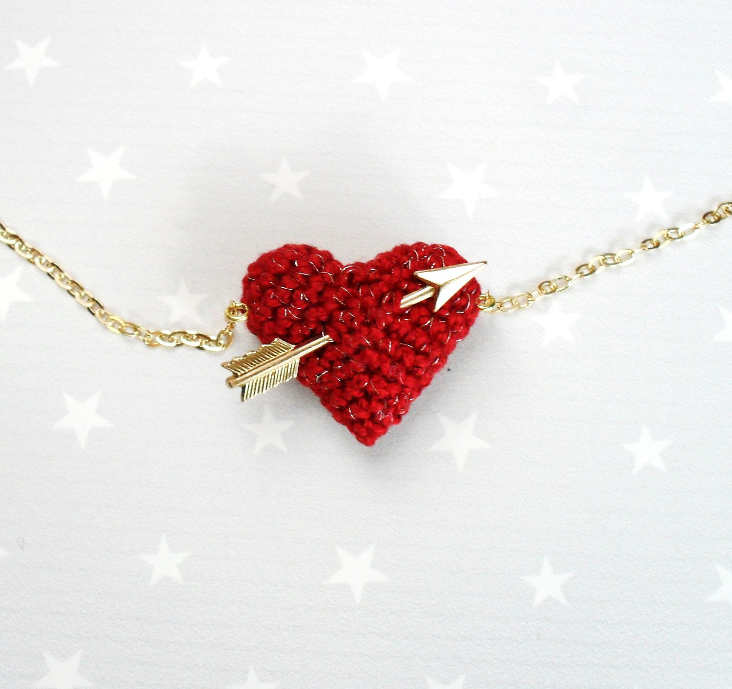 Mother's day Necklace crochet red heart and gold arrow.. Wedding necklace