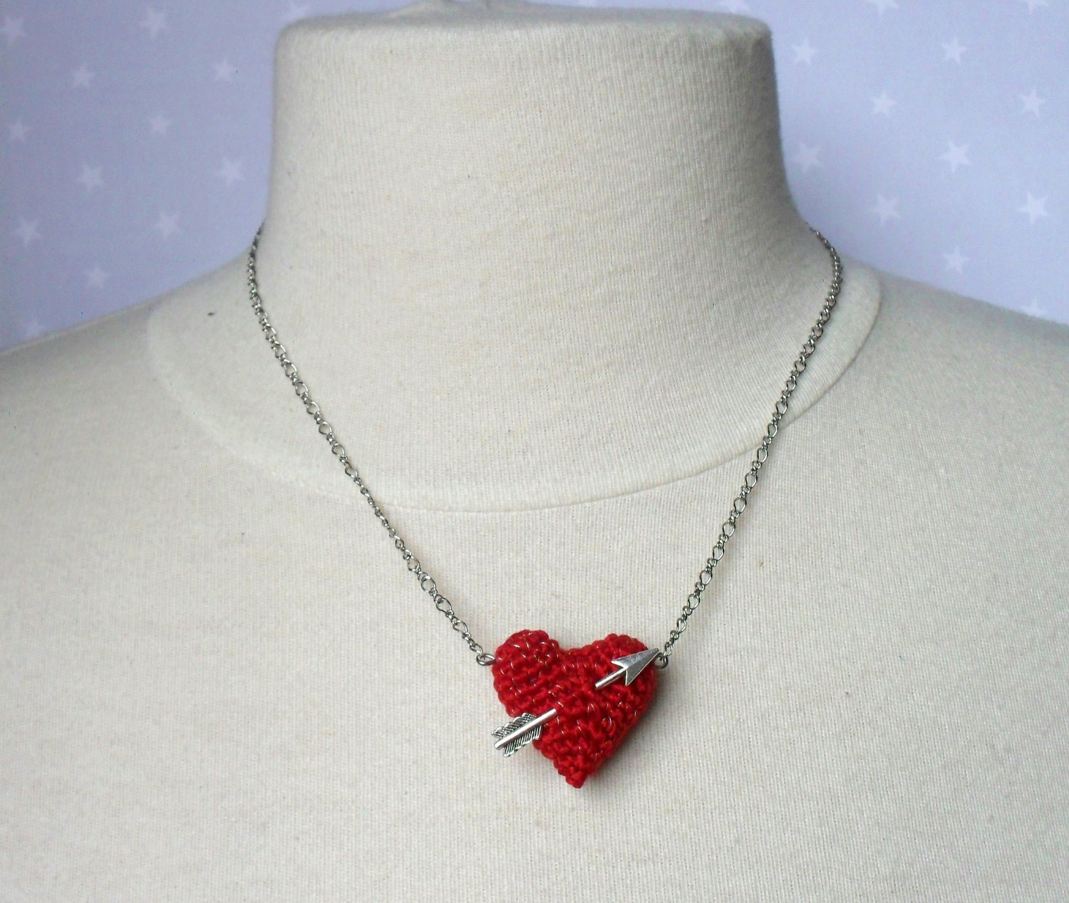 Valentine Necklace crochet red heart and arrow.Love necklace.