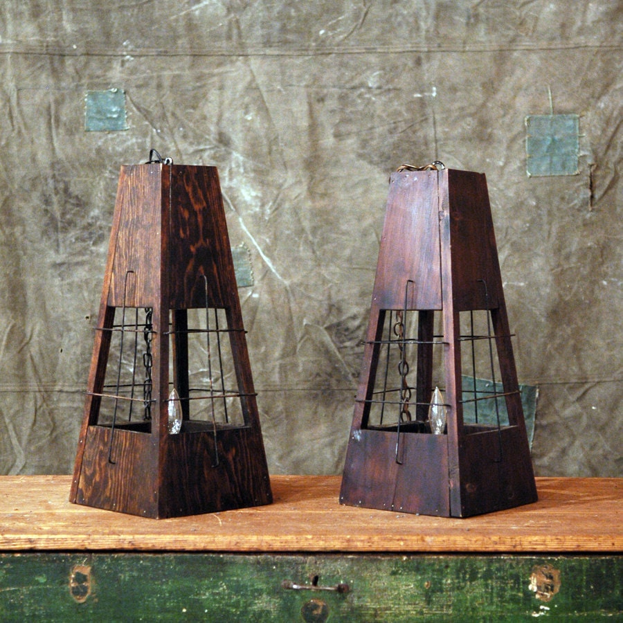 1940s Wood Lantern Lamps // Hanging Lights