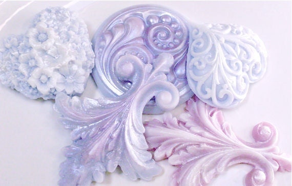 SOAP, Ornate Rounds, Hearts, and Fleur De Lis in Lavender and Pink, Scented in Lavender, Vegetable Based