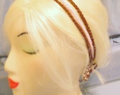 Pink & Brown Crochet Acrylic Triple Headband with Braided Ties