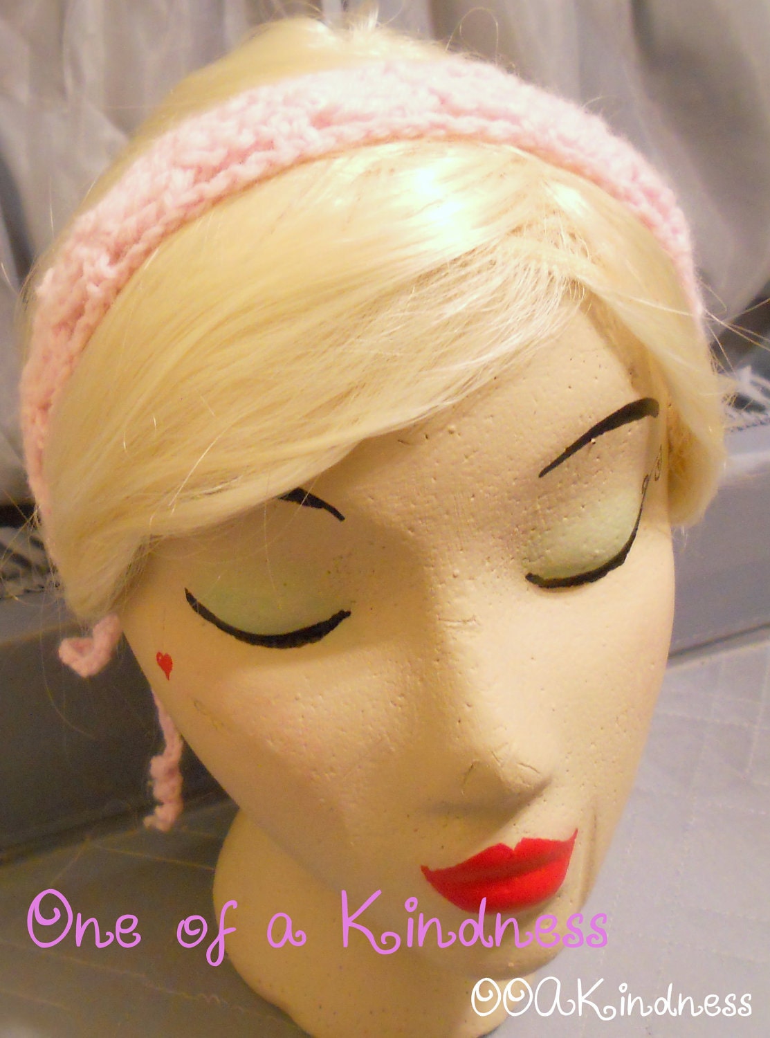 Lacy Light Pink Acrylic Crochet Headband, ties for fit