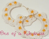 Lil Frilly: Silver Plated Hoops, White Bamboo Thread Crochet, Orange Glass Seed Beads