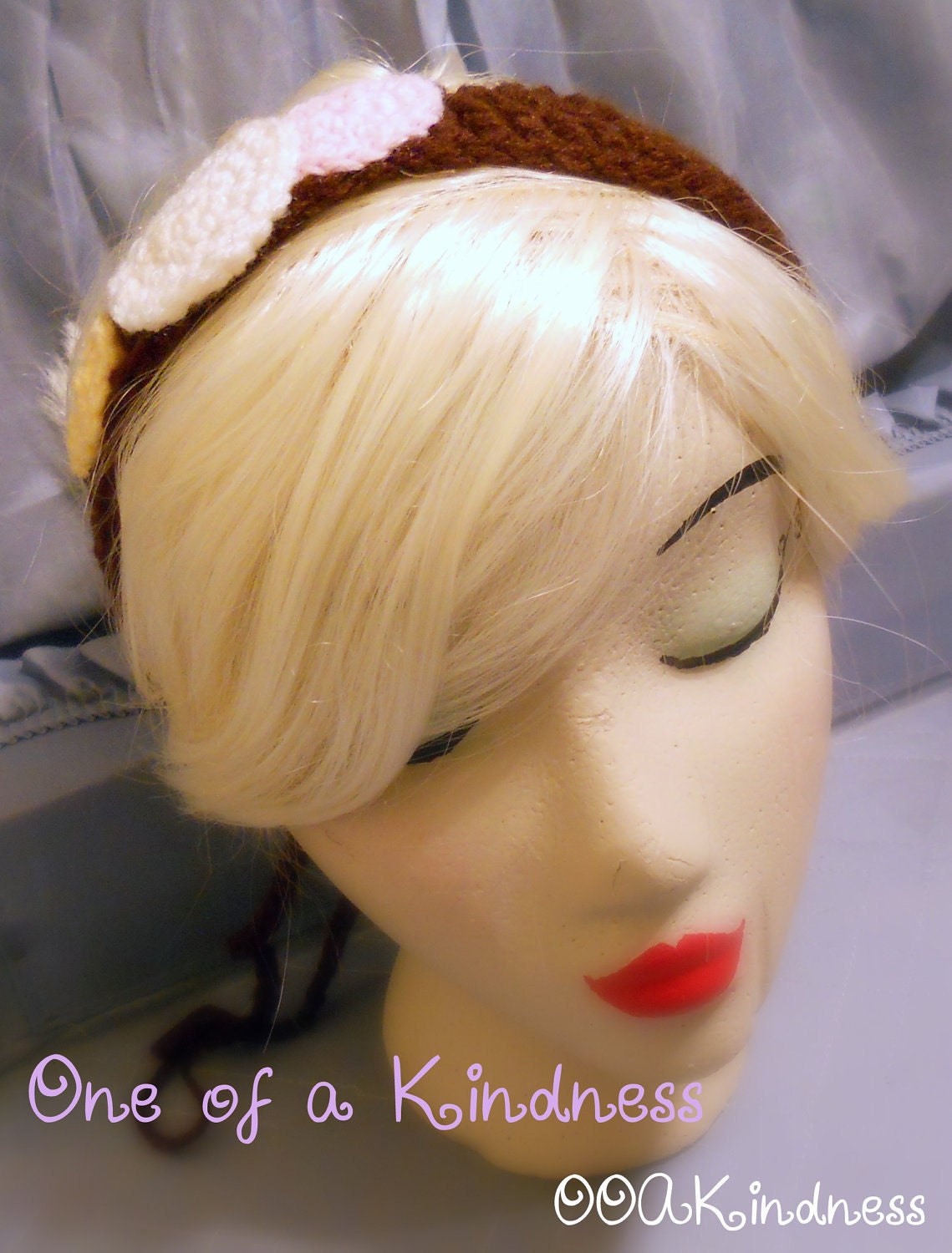 Chocolate Brown Crochet Acrylic Headband with Pink, White, & Yellow Circle Appliques, ties for fit