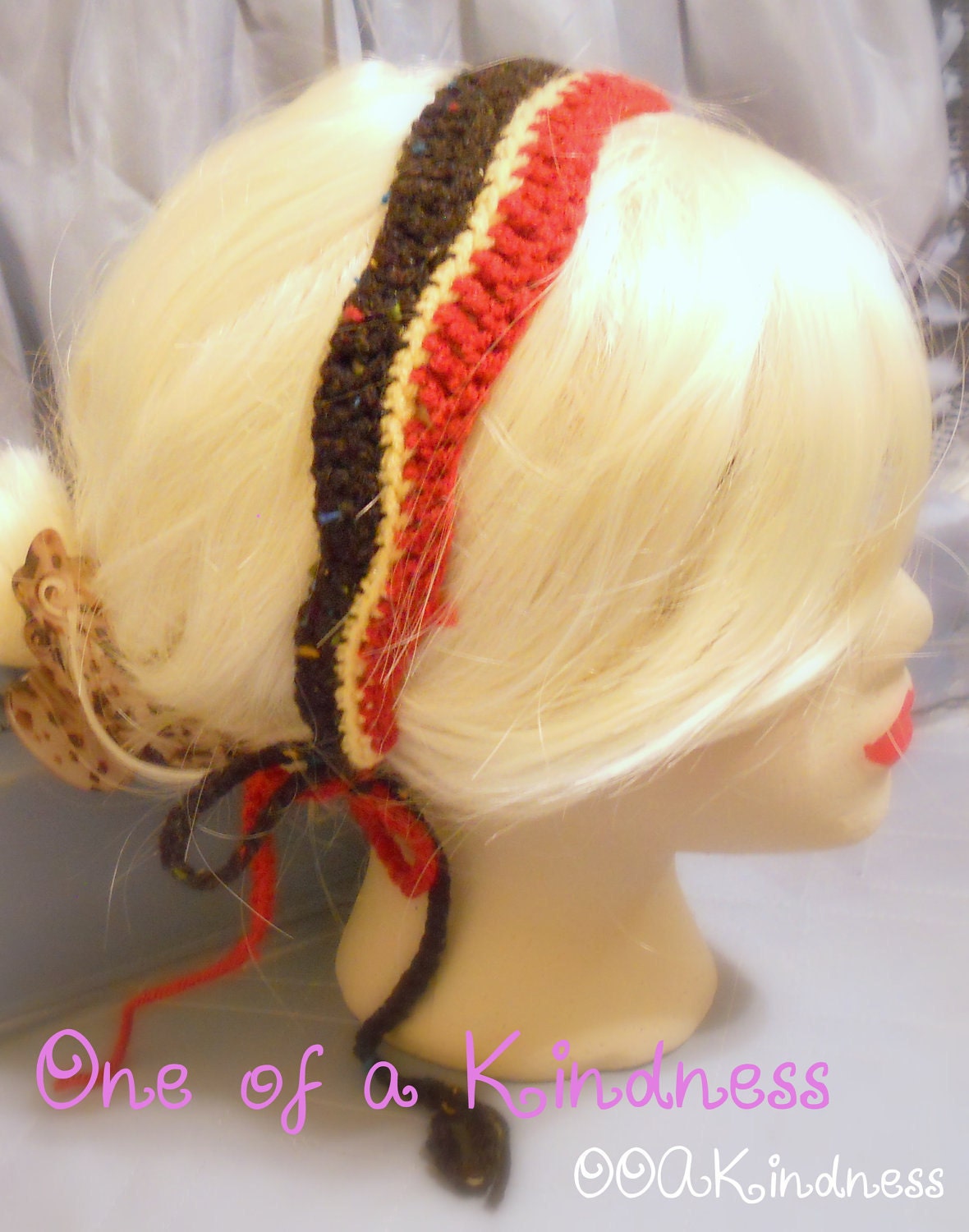 Red, Black, & Yellow Wavy Crochet Acrylic Headband, with Ties