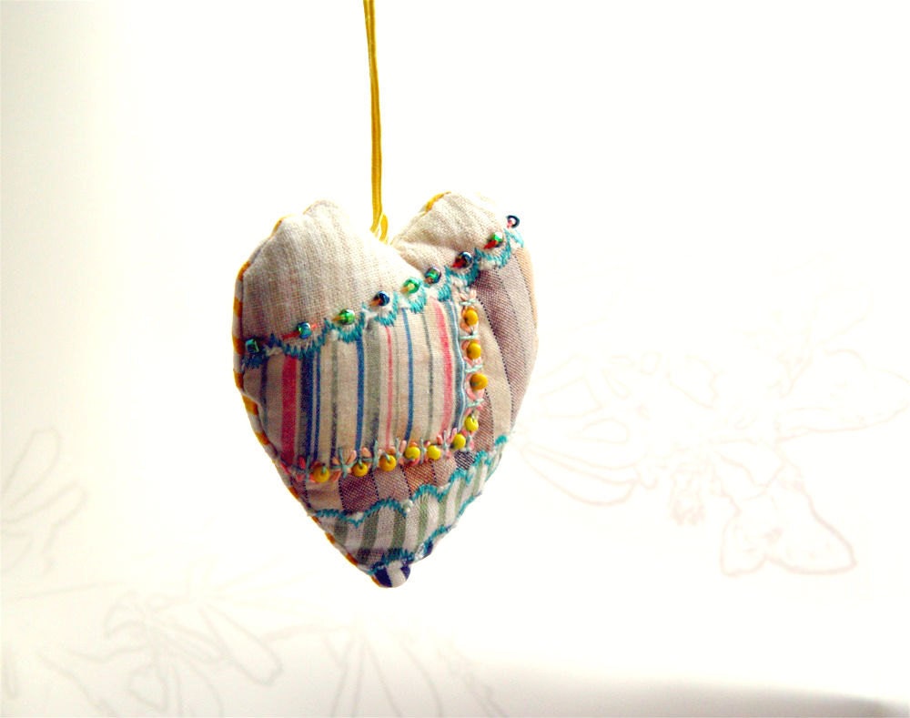 QUILTED HEART, Textile Ornament, Embroidered Quilted Beaded, Yellow Blue, Perfect Gift