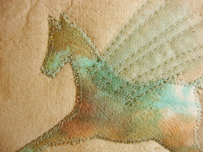 Pegasus Horse, Textile Postcard, Fiber Art, neutral tan, gift idea, home decor