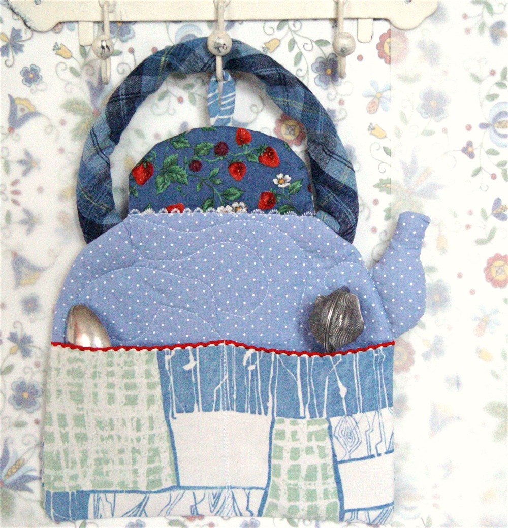 Wall Pocket Decor Organizer, Textile Pocket, Kitchen Pocket, Fabric Organizer, Wall Hanging, Bills Holder, Kitchen Holder, blue teapot